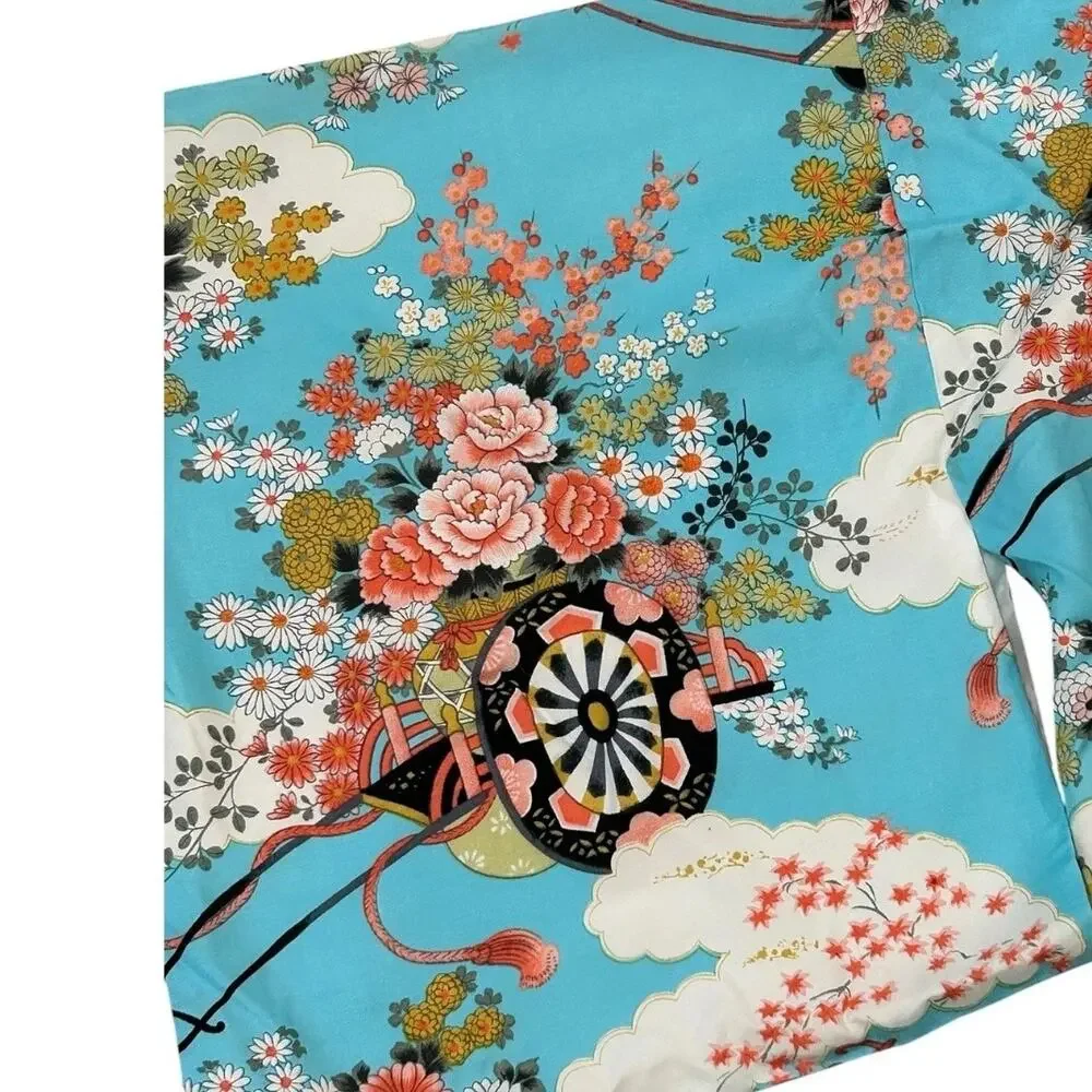 Vintage 1960s Japanese Rayon Kimono Robe Aqua Blue Floral Cloud Print OS -